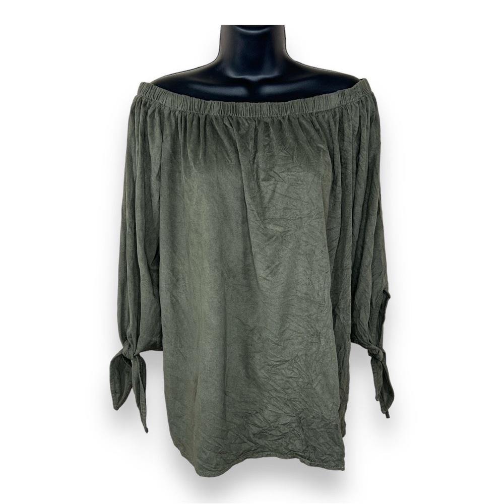 Large Peppermint Brand Blouse Faux Suede Olive Green Stretch Off Shoulder Top
